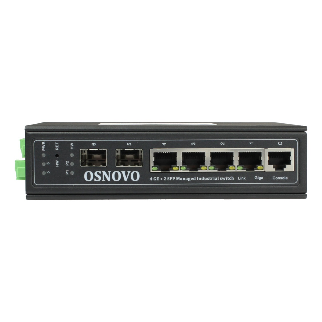 OSNOVO SW-70402/ILS SW-70402/ILS Промышленный управляемый (L2+) коммутатор Gigabit Ethernet на 4GE RJ45 + 2 GE SFP порта с функцией мониторинга температуры/ влажности/ напряжения