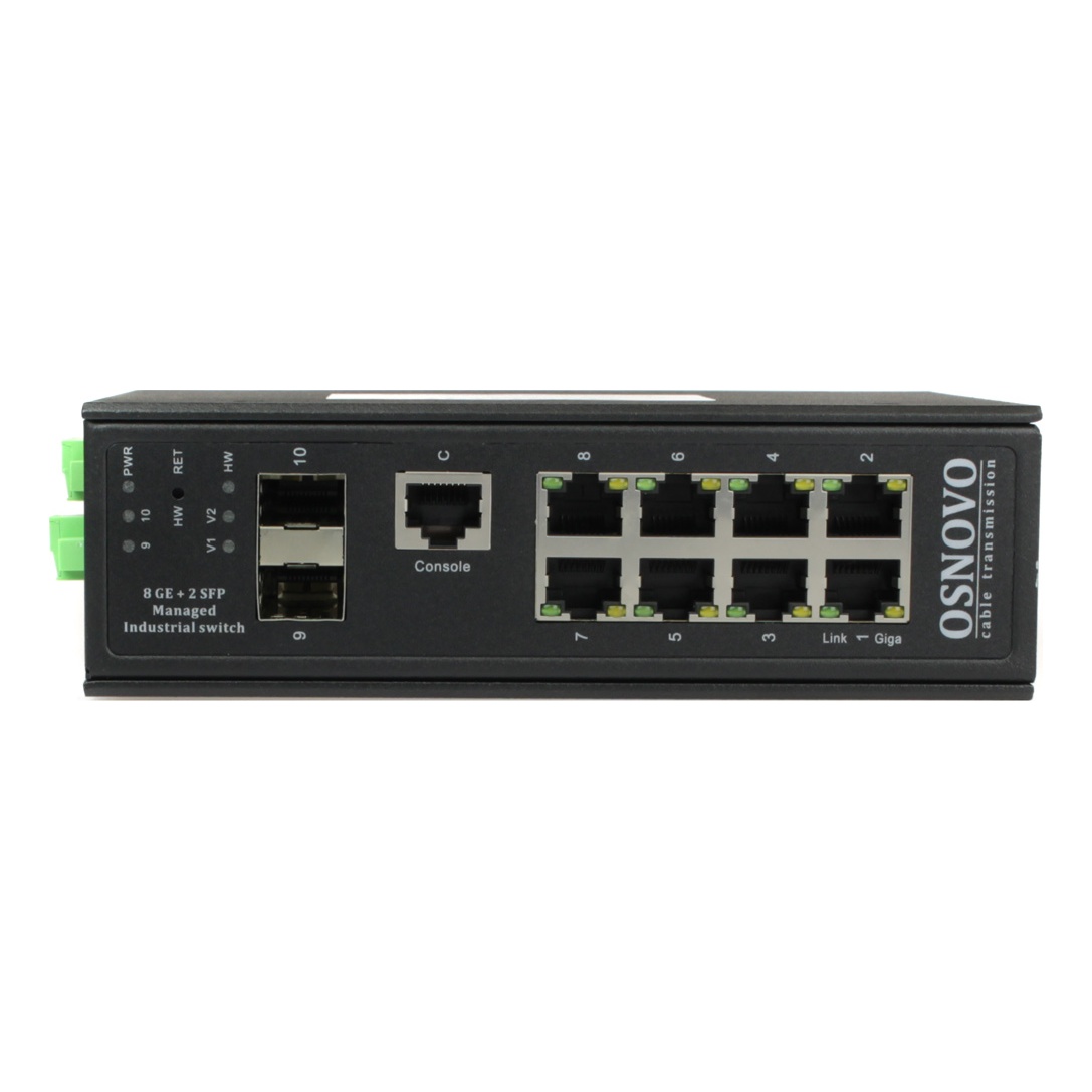OSNOVO SW-70802/ILS SW-70802/ILS Промышленный управляемый (L2+) коммутатор Gigabit Ethernet на 8GE RJ45 + 2 GE SFP порта с функцией мониторинга температуры/ влажности/ напряжения