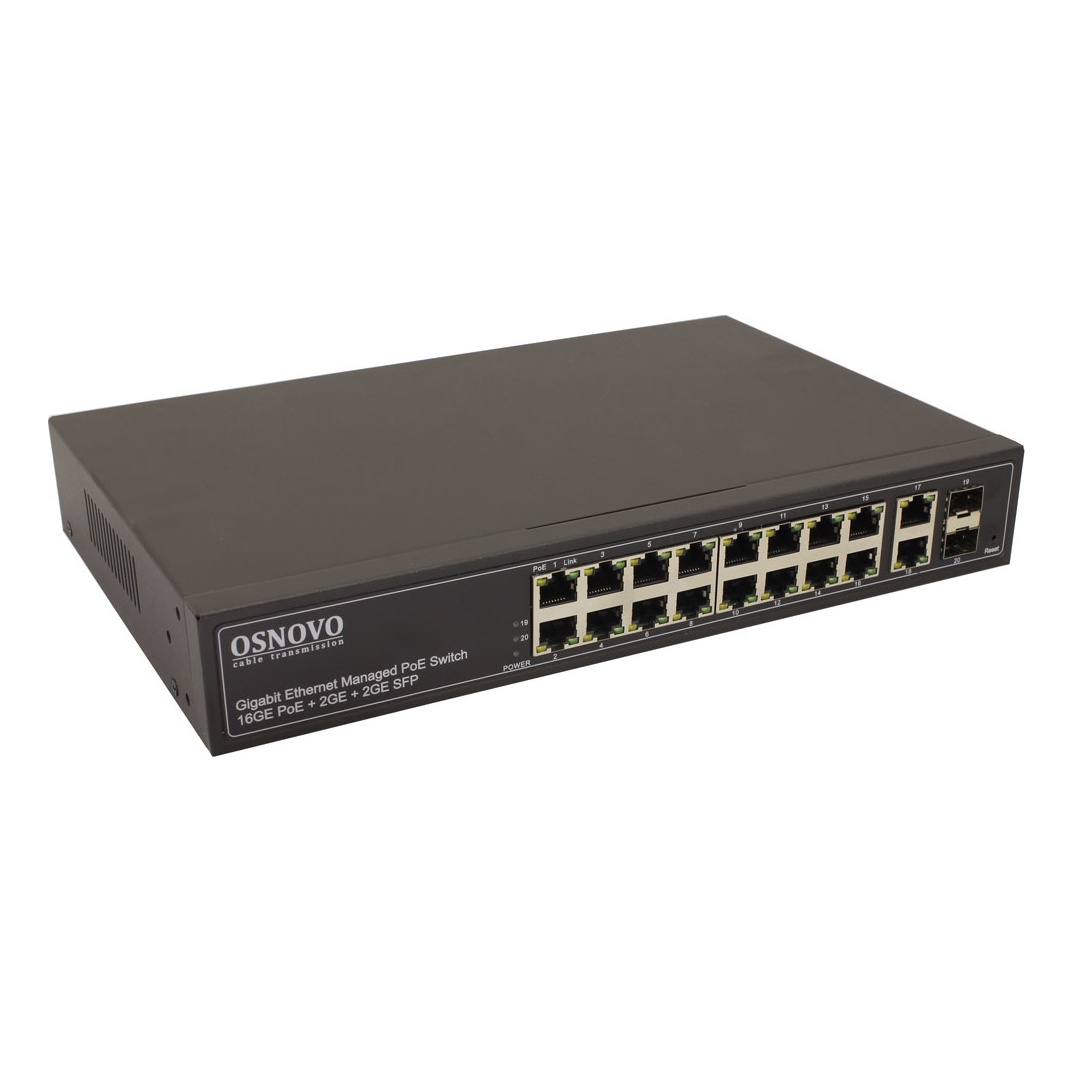 OSNOVO SW-8182/L(300W) SW-8182/L(300W) Управляемый L2 PoE коммутатор Gigabit Ethernet на 16 RJ45 PoE + 2 x RJ45 + 2 GE SFP портов