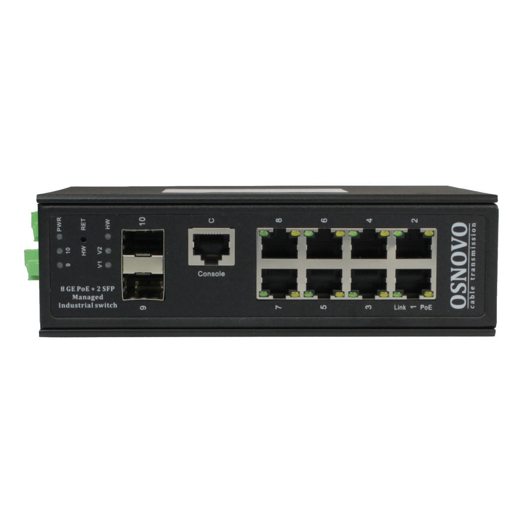 OSNOVO SW-80802/ILS(port 90W,300W) SW-80802/ILS(port 90W,300W) Промышленный управляемый (L2+) HiPoE коммутатор Gigabit Ethernet на 8GE PoE + 2 GE SFP порта с функцией мониторинга температуры/ влажности/ напряжения