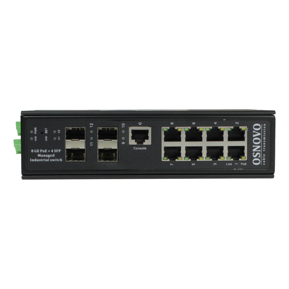 OSNOVO SW-80804/ILS(port 90W,300W) SW-80804/ILS(port 90W,300W) Промышленный управляемый (L2+) HiPoE коммутатор Gigabit Ethernet на 8GE PoE + 4GE SFP порта с функцией мониторинга температуры/влажности/напряжения