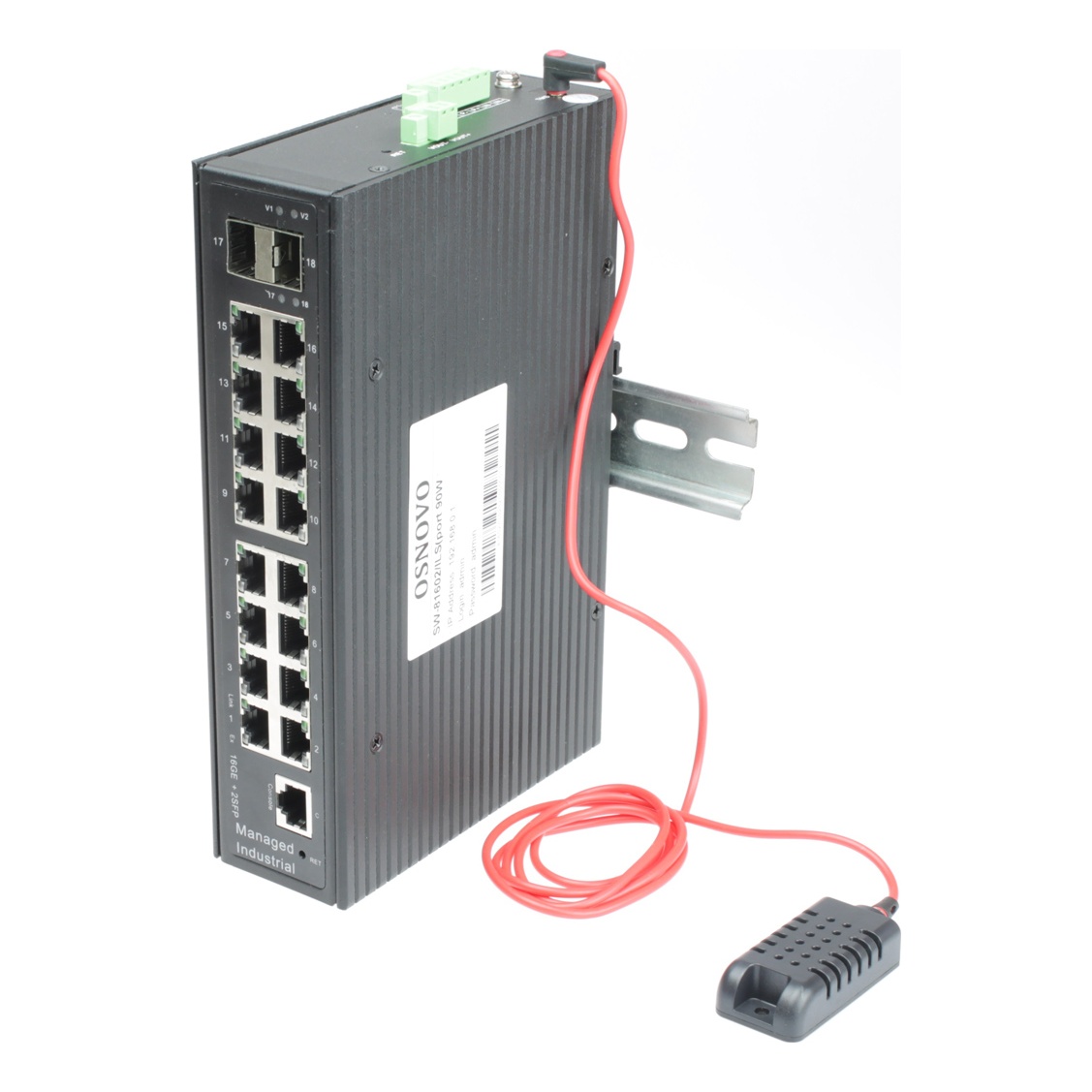 OSNOVO SW-81602/ILS(Port 90W,600W) SW-81602/ILS(Port 90W,600W) Промышленный управляемый (L2+) HiPoE коммутатор Gigabit Ethernet на 16GE PoE + 2GE SFP порта с функцией мониторинга температуры/ влажности/ напряжения