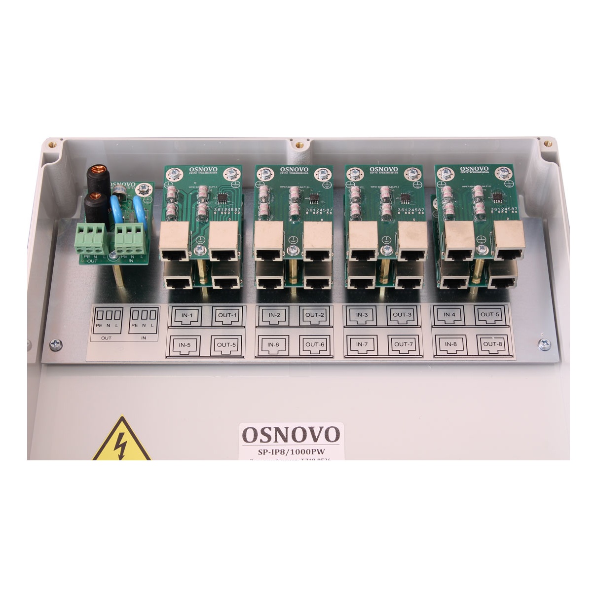 OSNOVO SP-IP8/1000PW Уличное устройство грозозащиты на 8 портов для локальной вычислительной сети (скорость до 1000 Мб/с) с защитой линий PoE (af/at, методы A + B, контакты 1/2, 3/6, 4/5, 7/8) и защитой линии питания 220V